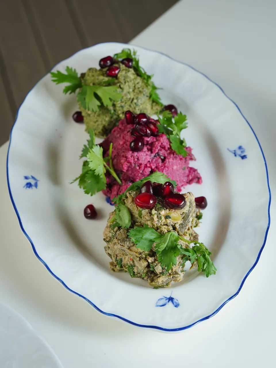 Pkhali Georgian vegetable walnut spread with pomegranate seeds and herbs
